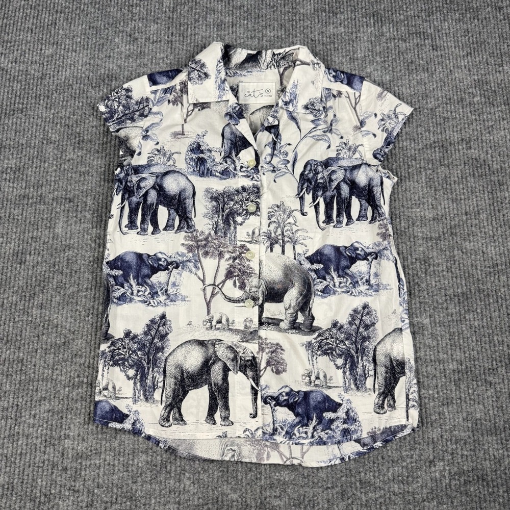 The Cats Pajamas Sleep Shirt Womens S Blue White Elephant Toile Cotton Button Up